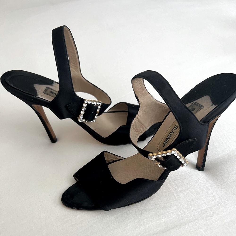 Manolo Blahnik Black Satin Crystal Embellished Sandal